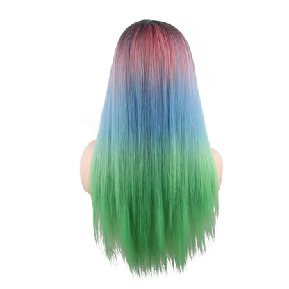 28 inches black pink blue green ombre long hair ladies wig European and American wigs synthetic wigs