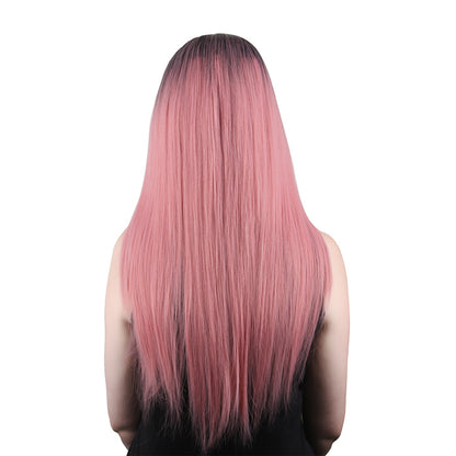 28 Inch Charming Long Kinky Straight Ombre Peach Color Synthetic Fiber Wig For Women Daily Wear