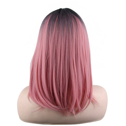 18 inch gradient black pink medium straight hair ladies wig European and American wig synthetic wig