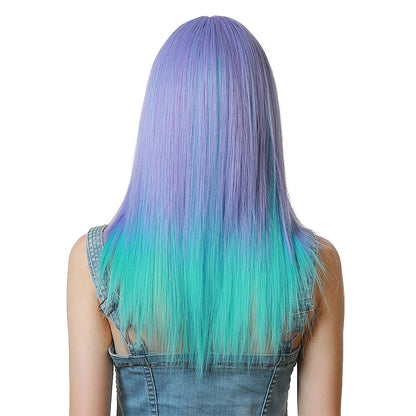 22 Inch Charming Medium Length Purple and Green Mixed Kinky Straight Synthetic Fiber Wig for Women Daily Wear