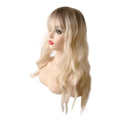 28 Inches Long Blonde Wig with Bangs Natural Synthetic Hair Ombre Blonde Wavy Wig with Dark Roots for Women Daily Party Cosplay Wear