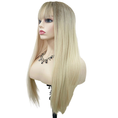 28 Inch Attactive Long Kinky Straight Blonde With Bangs Synthetic Fiber Wigs For Women Daily Wear