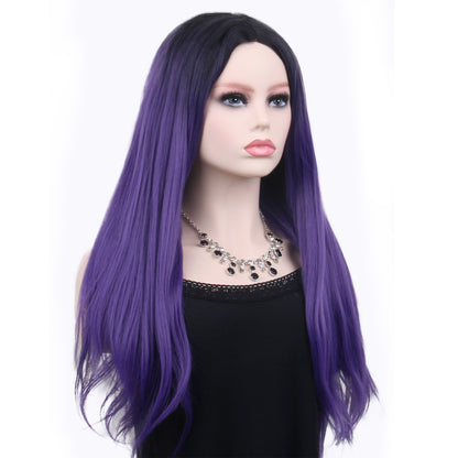 26 inches gradient dark purple long straight hair ladies wig Europe and the United States wig synthetic wig