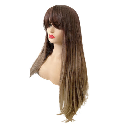 32 Inch Linen Brown Natural Straight Synthetic Wigs for Women Daily Party Wear