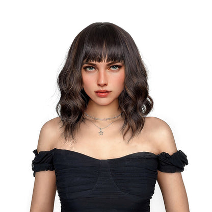 Ombre Blonde Wavy Wig, 14 inch Short Blonde Bob Wig with Air Bangs, Ombre Blonde Curly Heat Resistant Synthetic Wig, Shoulder Length Wig For Girl Wigs for Christmas