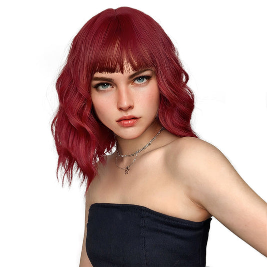 Ombre Blonde Wavy Wig, 14 inch Short Blonde Bob Wig with Air Bangs, Ombre Blonde Curly Heat Resistant Synthetic Wig, Shoulder Length Wig For Girl Wigs for Christmas