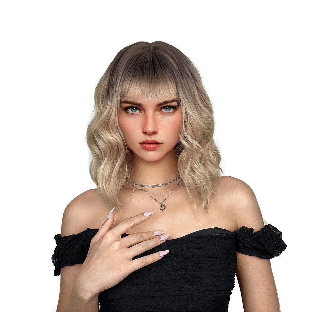 Ombre Blonde Wavy Wig, 14 inch Short Blonde Bob Wig with Air Bangs, Ombre Blonde Curly Heat Resistant Synthetic Wig, Shoulder Length Wig For Girl Wigs for Christmas