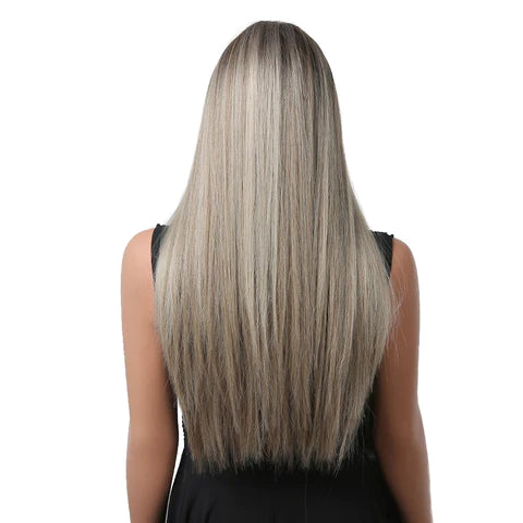 26 Inch Fashion Attractive Long Kinky Straight Black to Grey Ombre Synthetic Fiber Wig For Women Daily Wear