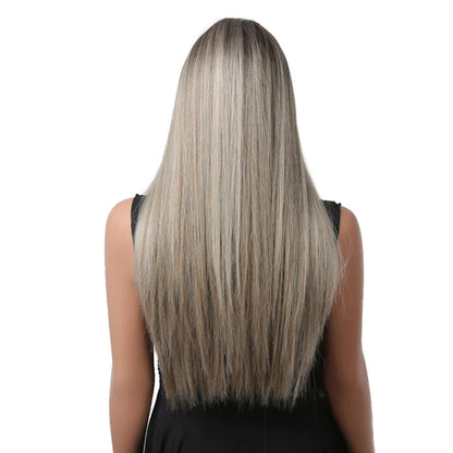 26 Inch Fashion Attractive Long Kinky Straight Black to Grey Ombre Synthetic Fiber Wig For Women Daily Wear