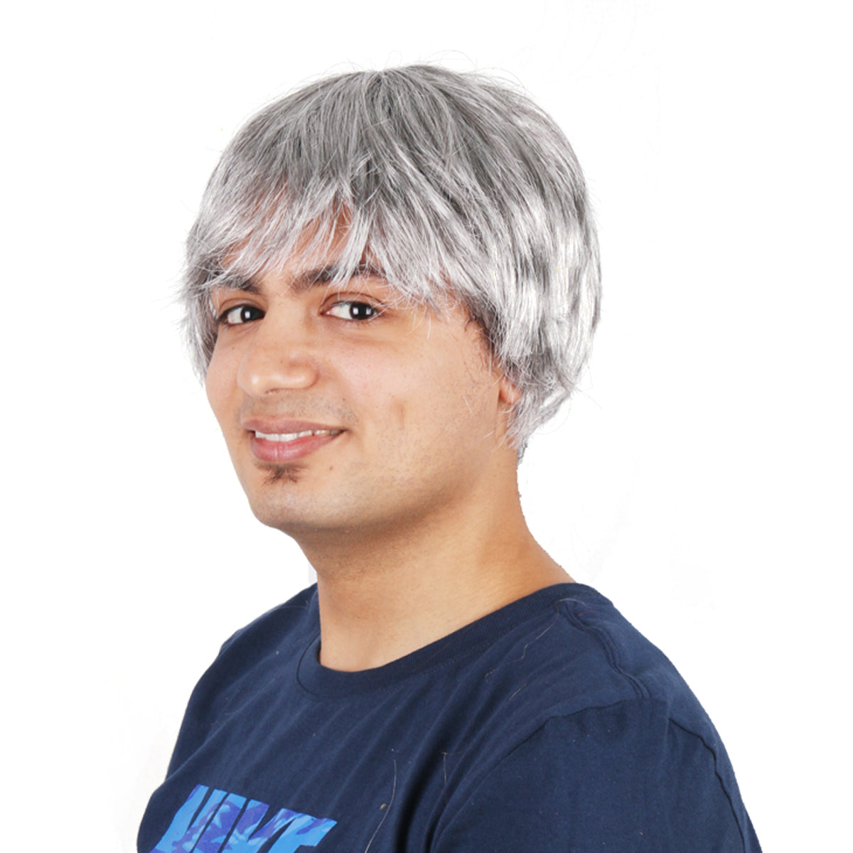 10 Inch Funky Short Silver Kinky Straight Synthetic Fiber Wig For Men Party Wear