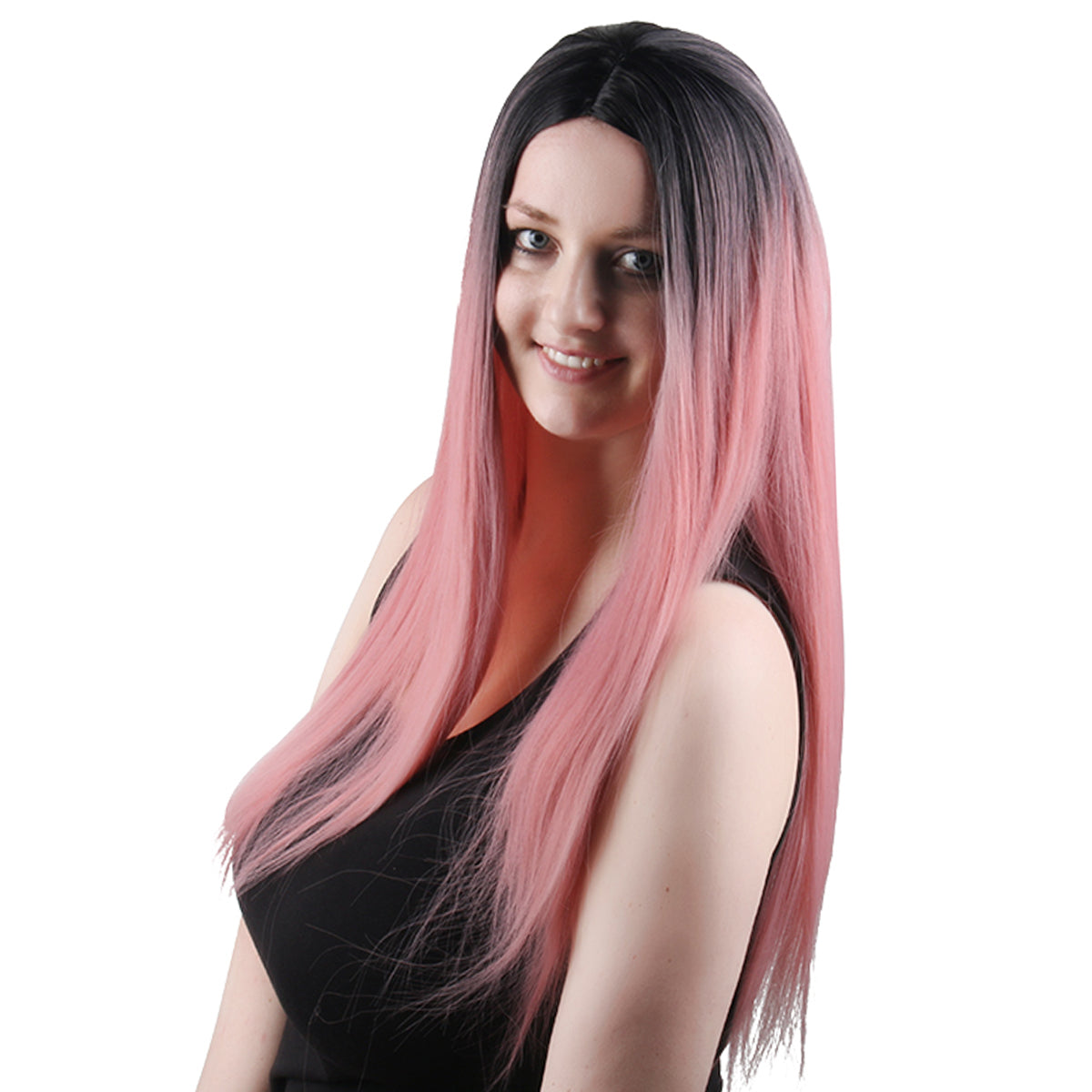 28 Inch Charming Long Kinky Straight Gradient Pink Synthetic Fiber Wig For Women Daily Wear
