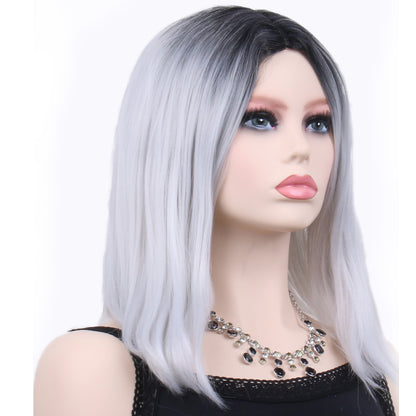 14 inches gradient grey and white middle straight hair ladies wig Europe and the United States wig synthetic wig