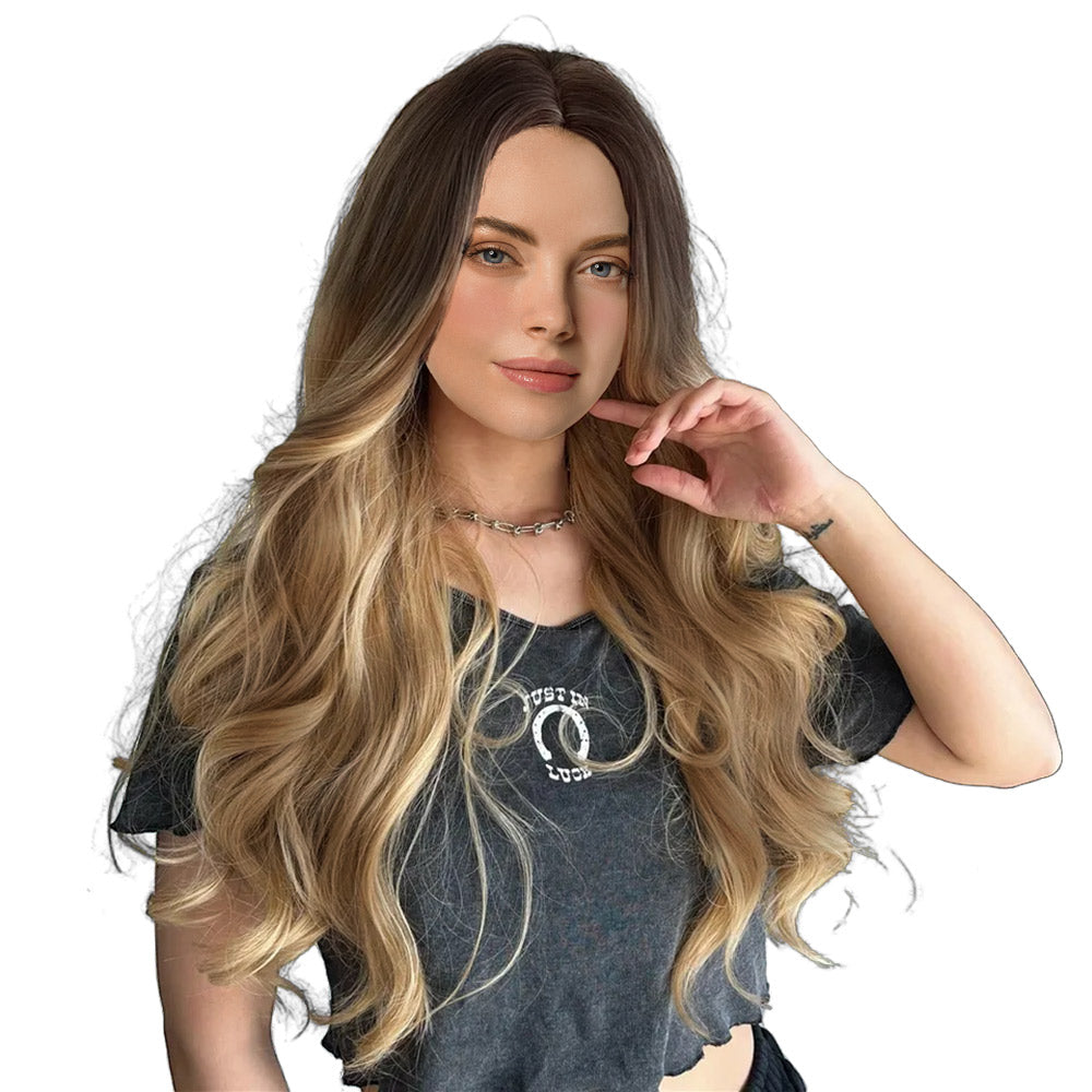 28 Inch Long Ombre Black Blonde Natural Wave Synthetic Wigs for Women Daily Party Wear