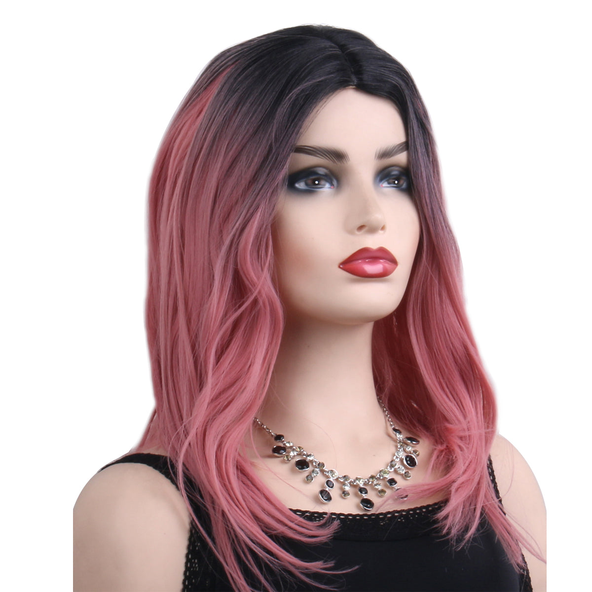 18 inch gradient black pink medium straight hair ladies wig European and American wig synthetic wig