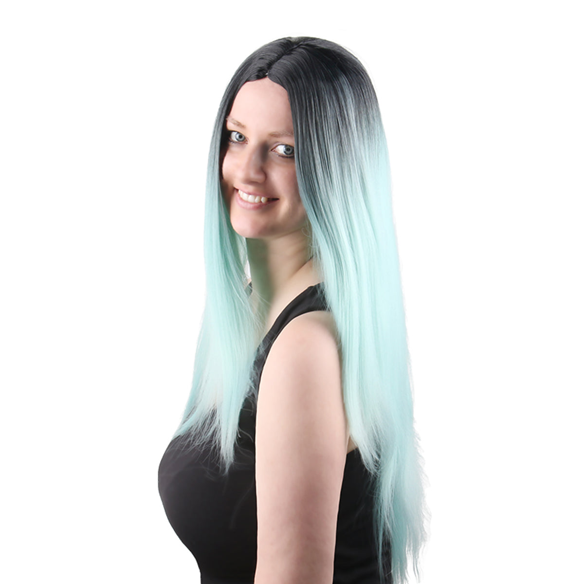 28 Inch Charming Long Kinky Straight Gradient Light Blue Synthetic Fiber Wig For Women Daily Wear