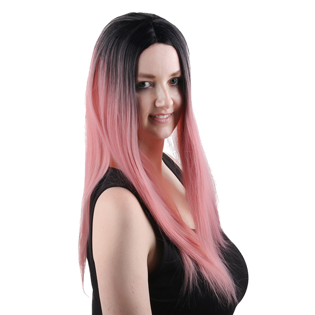 28 Inch Charming Long Kinky Straight Ombre Peach Color Synthetic Fiber Wig For Women Daily Wear