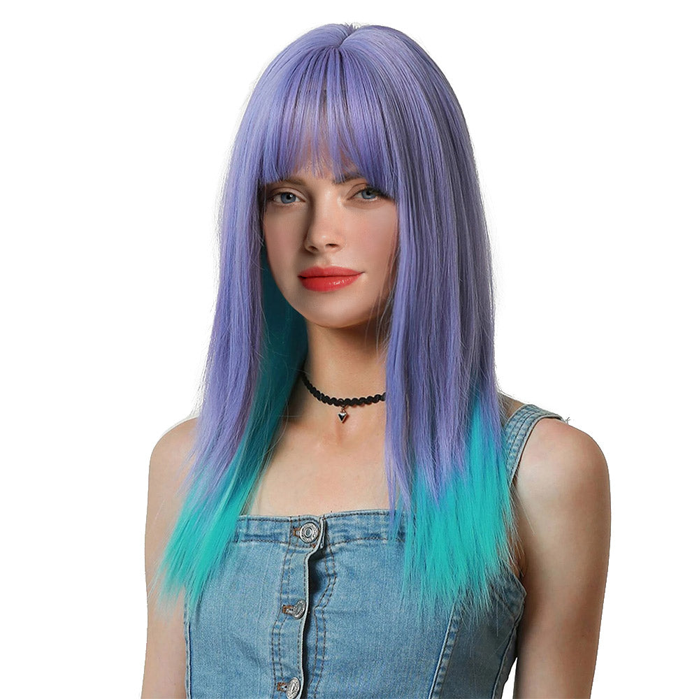 22 Inch Charming Medium Length Purple and Green Mixed Kinky Straight Synthetic Fiber Wig for Women Daily Wear