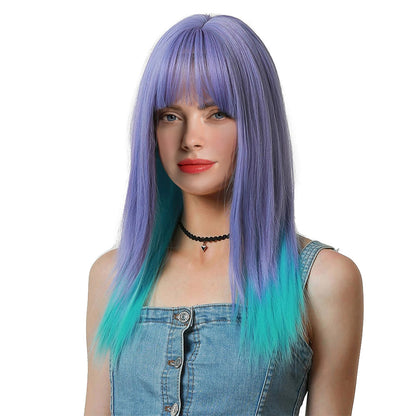 22 Inch Charming Medium Length Purple and Green Mixed Kinky Straight Synthetic Fiber Wig for Women Daily Wear