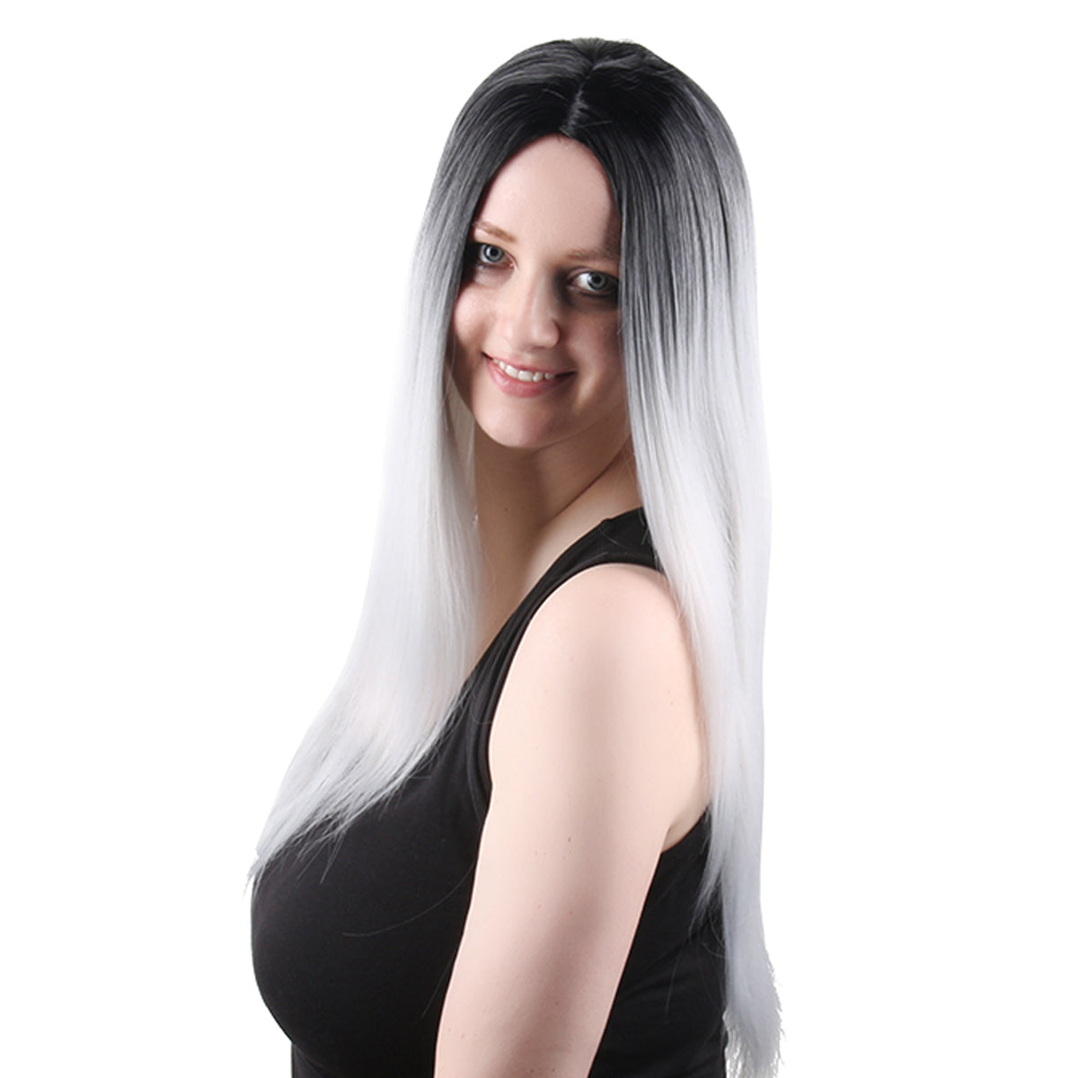 28 Inch Charming Long Kinky Straight Gradient Grey Synthetic Fiber Wig For Women Daily Wear