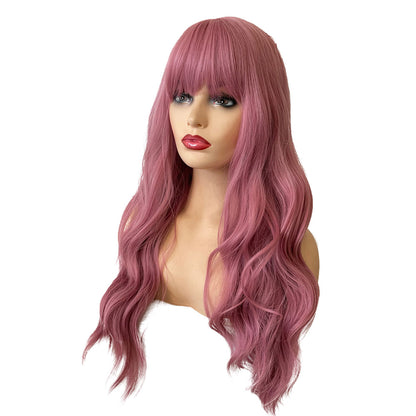 28 Inch Beautiful Long Loose Wave Pink Wigs With Bangs For Women Synthetic Natural Wavy Wig Corlorful For Daily Wear