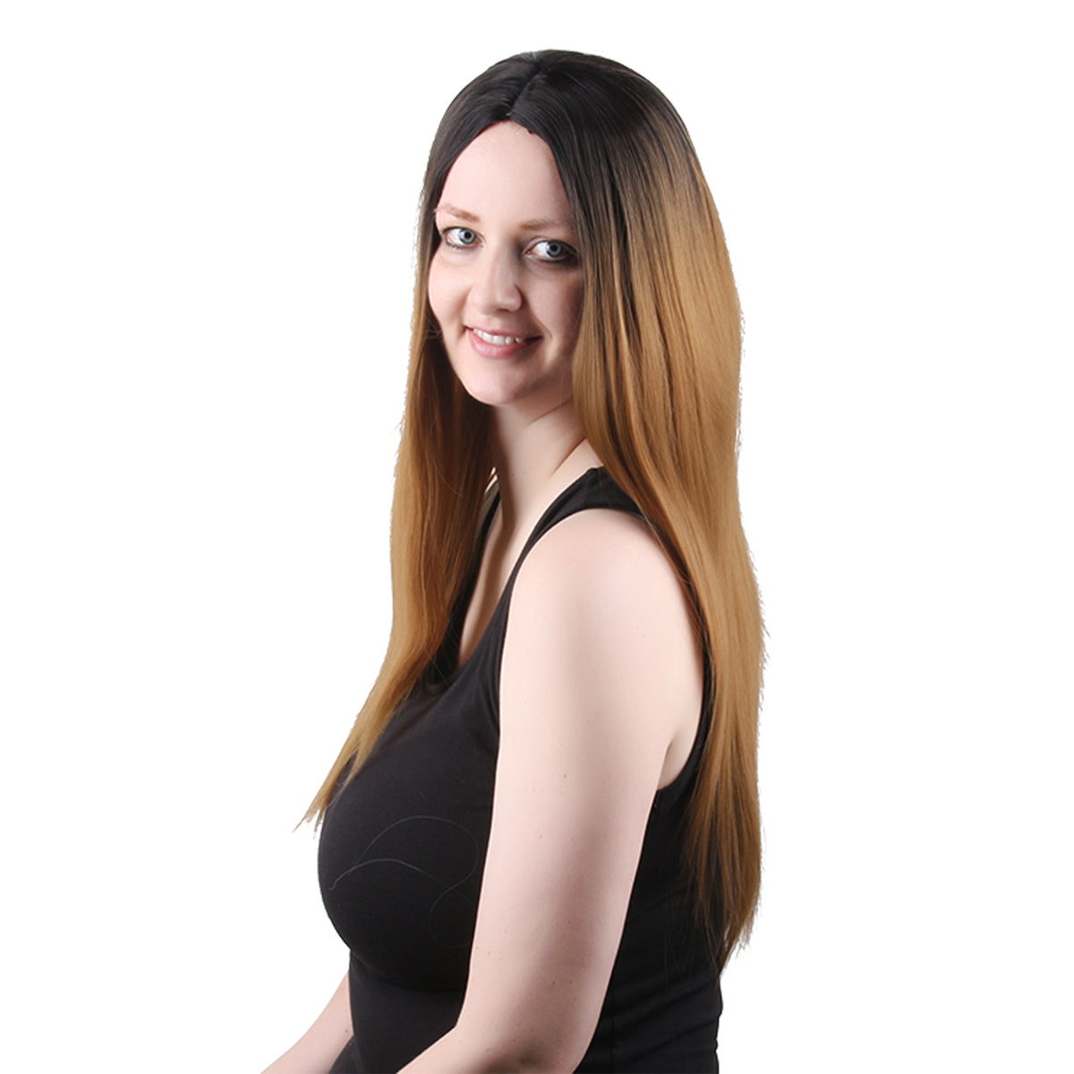 28 Inch Charming Long Kinky Straight Gradient Dark Brown Synthetic Fiber Wig For Women Daily Wear