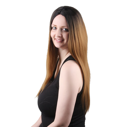 28 Inch Charming Long Kinky Straight Gradient Dark Brown Synthetic Fiber Wig For Women Daily Wear