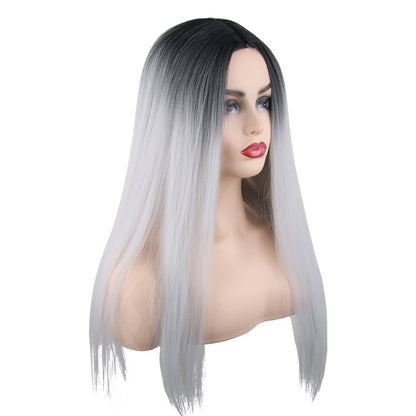 26 inches gradient black light silver long straight hair ladies wig Europe and the United States wig synthetic wig