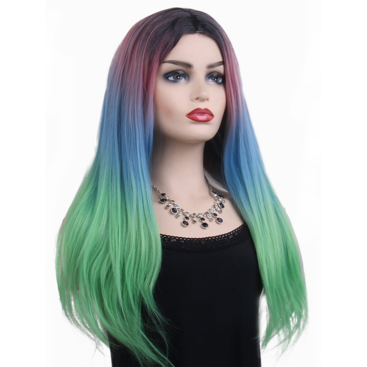 28 inches black pink blue green ombre long hair ladies wig European and American wigs synthetic wigs