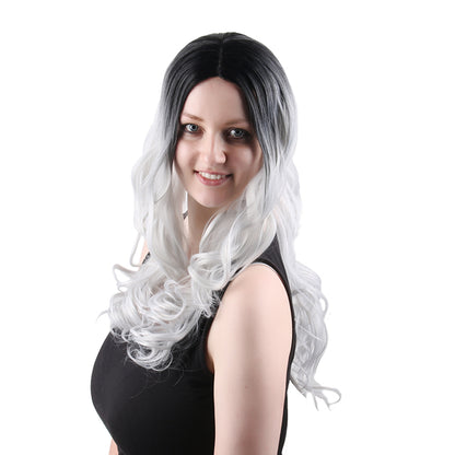 22 Inch Beautiful Middle Length Kinky Curly Gradient Black Silver Synthetic Fiber Wig For Women Daily Wear