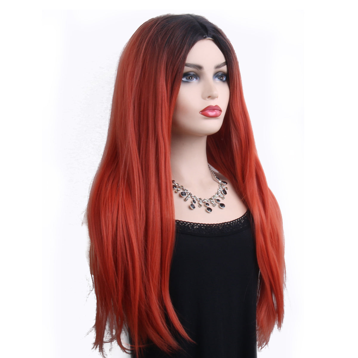 28 inches gradient black light orange long straight hair ladies wig Europe and the United States wig synthetic wig