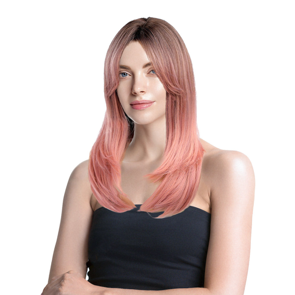 22 Inch Charming Medium Length Silky Straight Wave Gradient Pink Synthetic Fiber Wig For Women Daily Wear