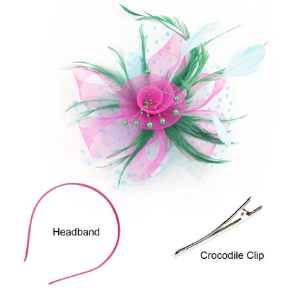 Retro mesh flower headdress bridal feather headdress hair accessories horse racing festival tea party dance hat headband