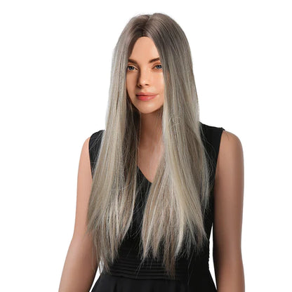 26 Inch Fashion Attractive Long Kinky Straight Black to Grey Ombre Synthetic Fiber Wig For Women Daily Wear