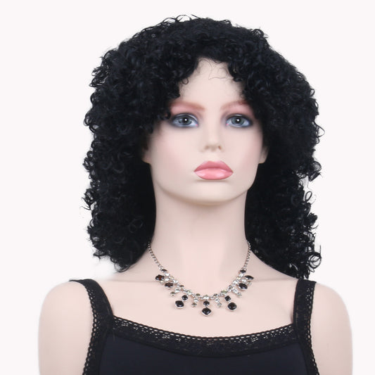 16 Inch Beautiful Middle Length Black Kinky Curl Synthetic Fiber Wig For Women Daily Wear