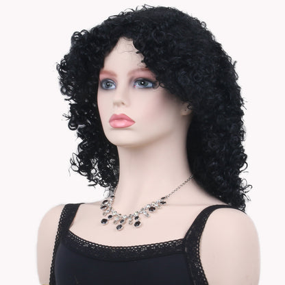16 Inch Beautiful Middle Length Black Kinky Curl Synthetic Fiber Wig For Women Daily Wear