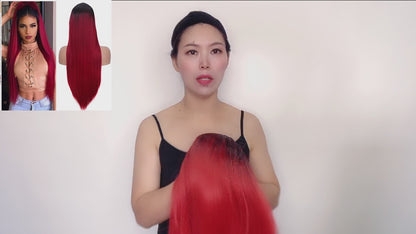 28 inches gradient black red long straight hair ladies wig Europe and the United States wig synthetic wig