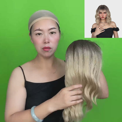 Ombre Blonde Wavy Wig, 14 inch Short Blonde Bob Wig with Air Bangs, Ombre Blonde Curly Heat Resistant Synthetic Wig, Shoulder Length Wig For Girl Wigs for Christmas