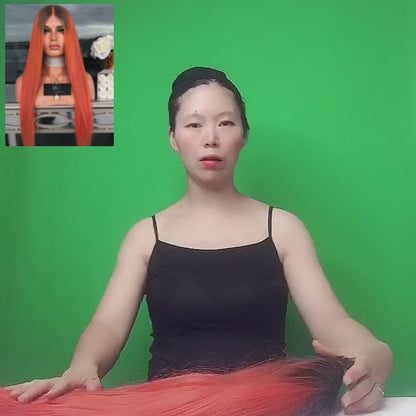 28 inches gradient black light orange long straight hair ladies wig Europe and the United States wig synthetic wig