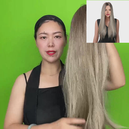 26 Inch Fashion Attractive Long Kinky Straight Black to Grey Ombre Synthetic Fiber Wig For Women Daily Wear