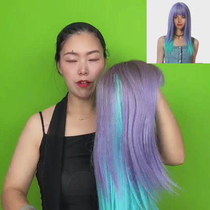 22 Inch Charming Medium Length Purple and Green Mixed Kinky Straight Synthetic Fiber Wig for Women Daily Wear