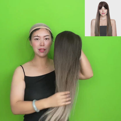 32 Inch Linen Brown Natural Straight Synthetic Wigs for Women Daily Party Wear