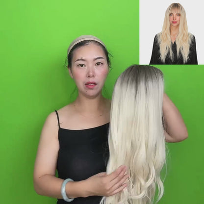 28 Inches Long Blonde Wig with Bangs Natural Synthetic Hair Ombre Blonde Wavy Wig with Dark Roots for Women Daily Party Cosplay Wear