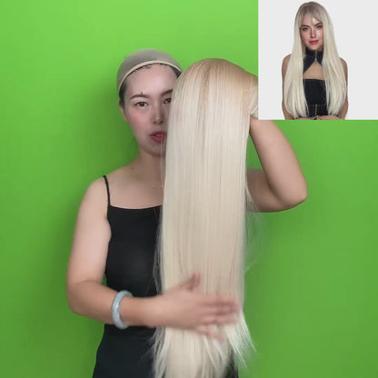 28 Inch Attactive Long Kinky Straight Blonde With Bangs Synthetic Fiber Wigs For Women Daily Wear