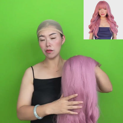 28 Inch Beautiful Long Loose Wave Pink Wigs With Bangs For Women Synthetic Natural Wavy Wig Corlorful For Daily Wear