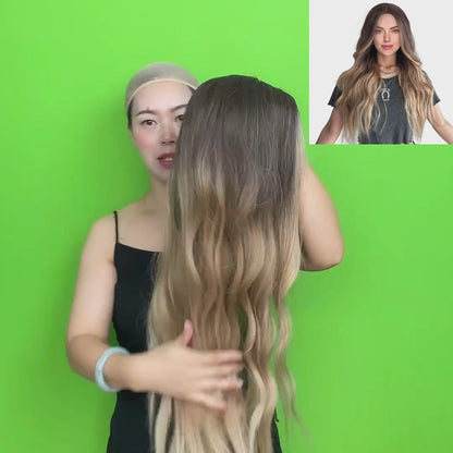 28 Inch Long Ombre Black Blonde Natural Wave Synthetic Wigs for Women Daily Party Wear