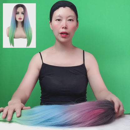 28 inches black pink blue green ombre long hair ladies wig European and American wigs synthetic wigs