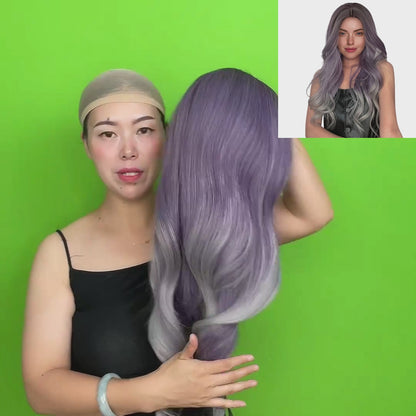 28 Inch Attractive Long Loose Wave Purple and Gray Synthetic Fiber Wigs For Women Daily Party Wear