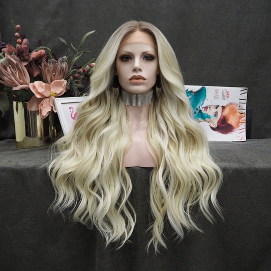 Mixed white gold mixed gold free braid curvature front lace full wig transparent mesh cap