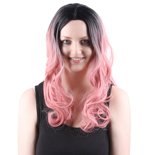 22 Inch Beautiful Fashion Middle Length Kinky Curly Gradient Dark Pink Synthetic Fiber Wig For Women Daily Wear