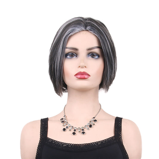 12 Inch Short Black With White Kinky Cutly Oq Hair Glueless Synthetic Wigs For Black Women Human Hair